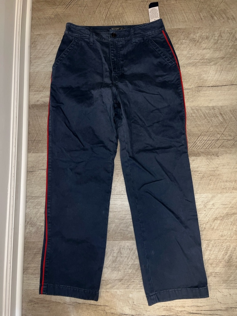 NEW Abercrombie & Fitch Navy Chinos with Red Side Stripe